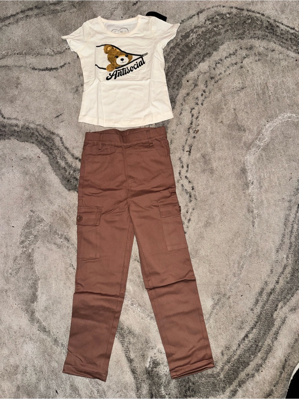 Fashion Nova Kids Cream Graphic Tee and Brown Cargo Pants Set